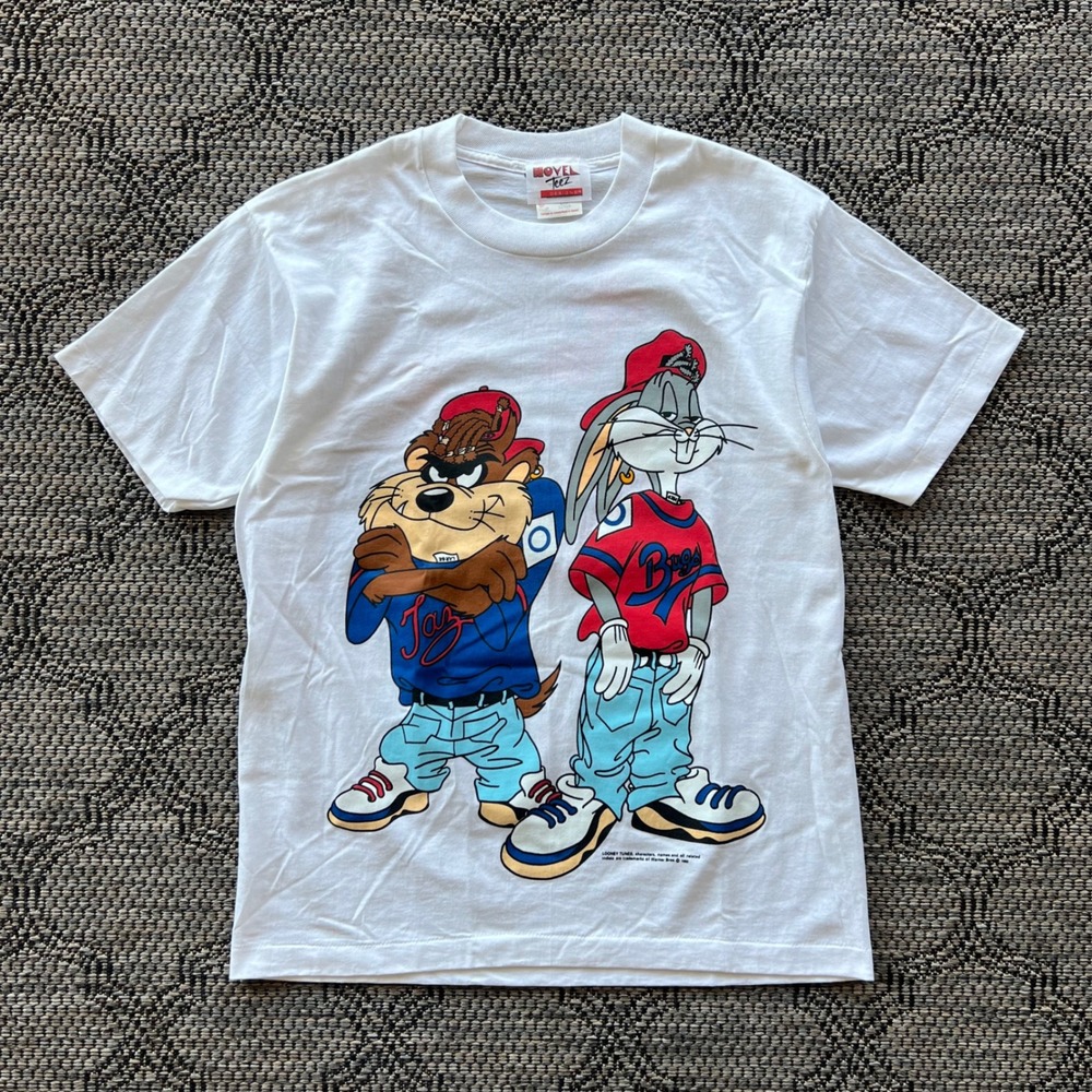 Vintage Looney Tunes T-Shirt Mens Large White Kriss Kross Bugs Taz Hip Hop